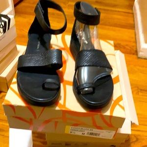 Black open toe sandals, ankle strap